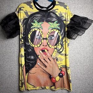 Vintage Minette Blouse Puff Sleeves Made USA Colorful Artsy Pop Culture Anime XL